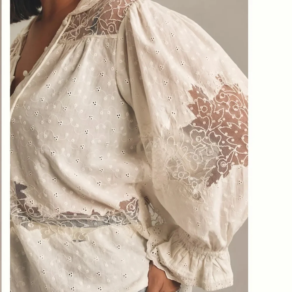 Anthropologie White Eyelet Lace Button-Front Blouse